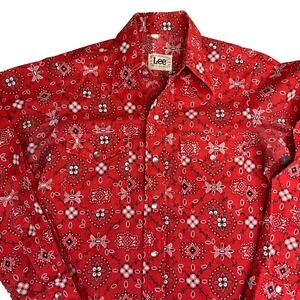 70s Vintage Lee Mens Red Bandana Paisley Pearl Snap Western Shirt USA Made 15-34